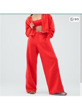 MATCHING SET!! Athleta Red Forever Fleece Crop Jacket & Wide Leg Pants Medium
